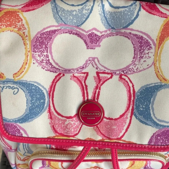 Coach Monogram Multicolor Canvas Leather Trim Scribble Poppy Backpack - Picture 6 of 15
